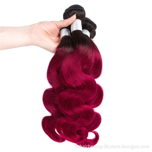 1B/Burgundy Ombre Body Wave Bundles With Frontal Closure 2 Tone Non Remy Brazilian Hair Weave Colored 3 Bundles With Frontal